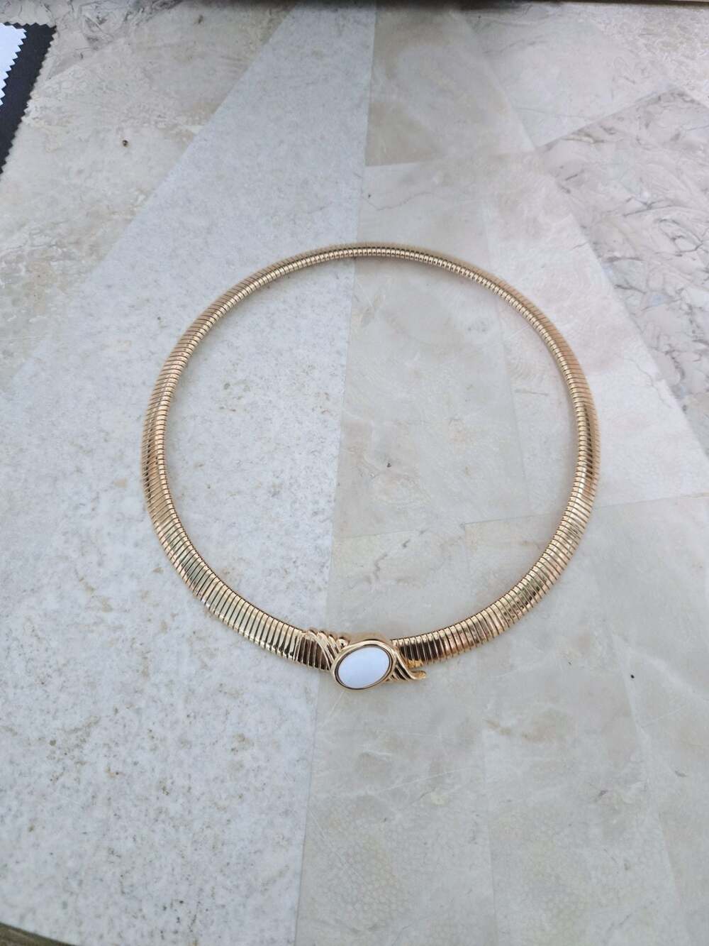 Vintage MONET White Oval Cabochon Gold Plated Omega Necklace